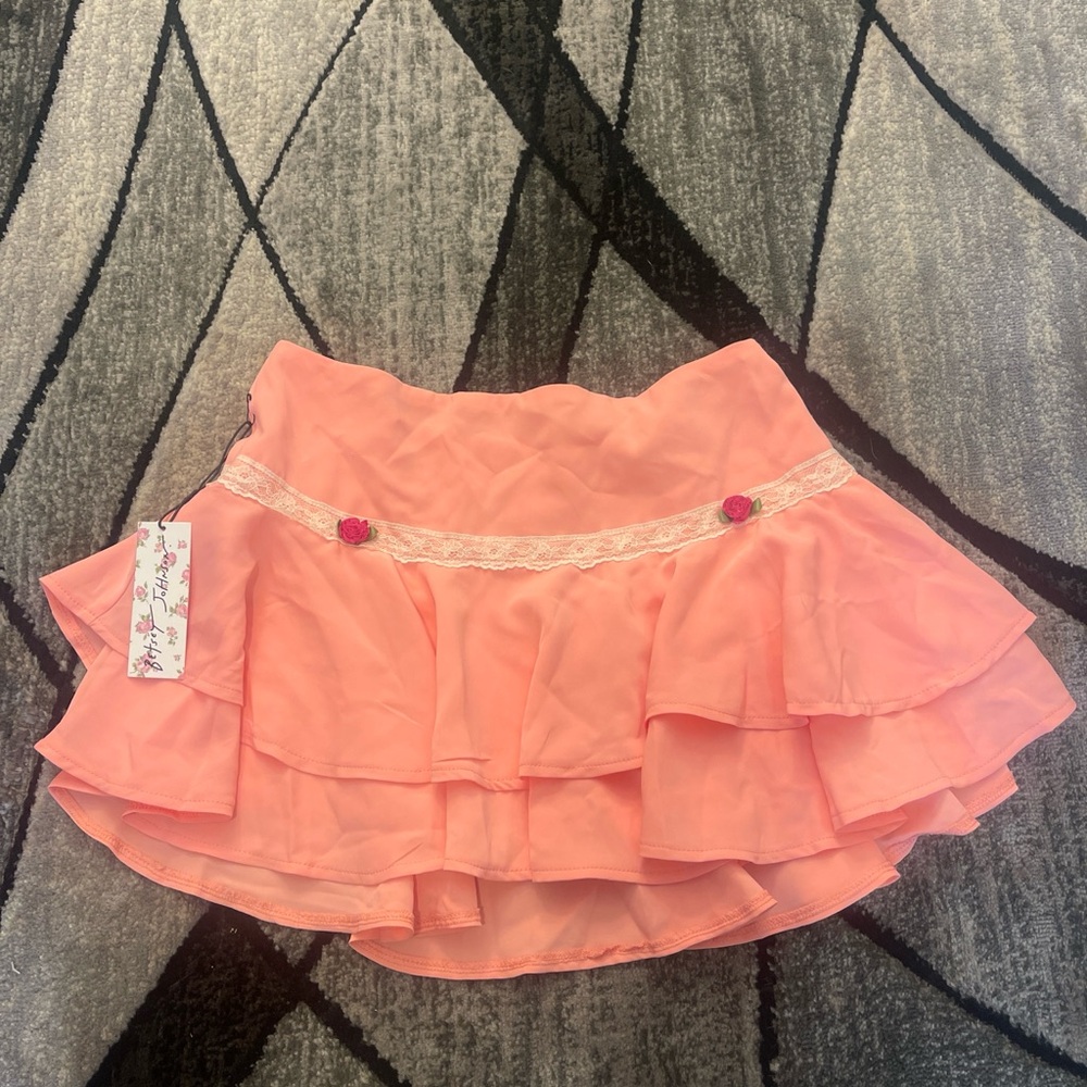 Peach Ruffle Tiered Mini Skirt with Lace Trim